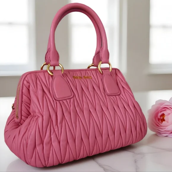 Miu Miu 💕 Pink Matelasse Nappa Leather Top Handle Satchel Bag Pristine ✨ - Picture 5 of 16